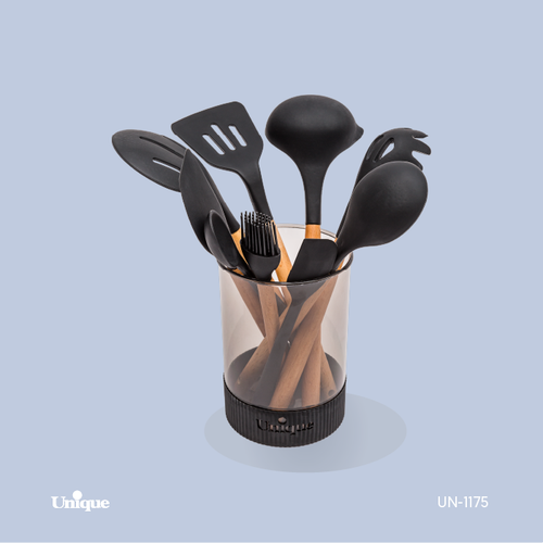 ست کفگیر و ملاقه 10 پارچه یونیک Unique کد 1175 جنس سیلیکونی دسته چوبی