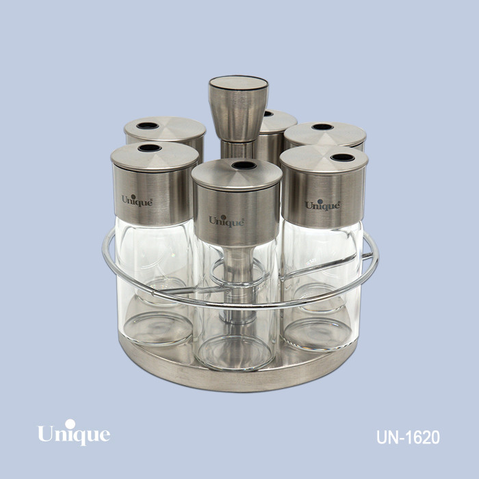 ست ادویه 6 تایی شیشه ای برند یونیک Unique کد UN-1620 مدل گرد پایه گردان