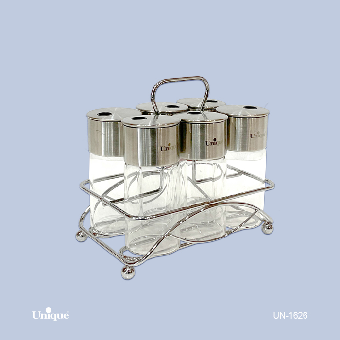 ست ادویه 6 تایی شیشه ای برند یونیک Unique کد UN-1626 پایه استیل گرد مستطیل