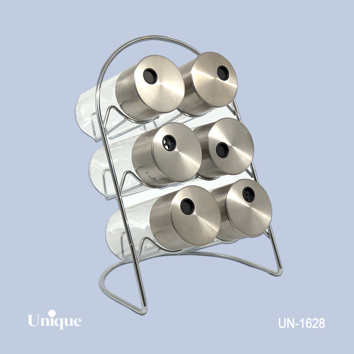 ست ادویه 6تایی شیشه ای برند یونیک Unique کد UN-1628 مدل گرد ایستاده جنس استیل