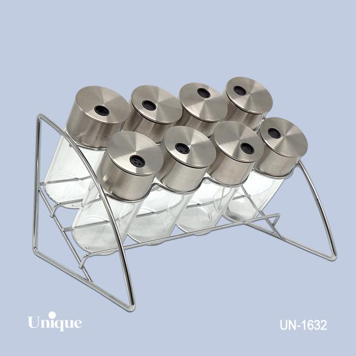 ست ادویه 8 تایی شیشه ای برند یونیک Unique کد UN-1632 مدل پایه هلالی استیل