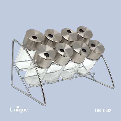 ست ادویه 8 تایی شیشه ای برند یونیک Unique کد UN-1632 مدل پایه هلالی استیل