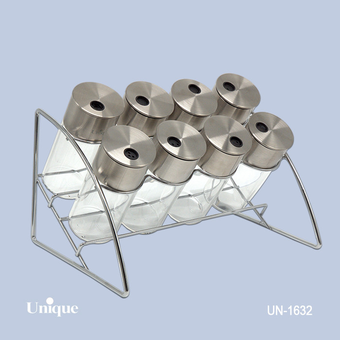 ست ادویه 8 تایی شیشه ای برند یونیک Unique کد UN-1632 مدل پایه هلالی استیل