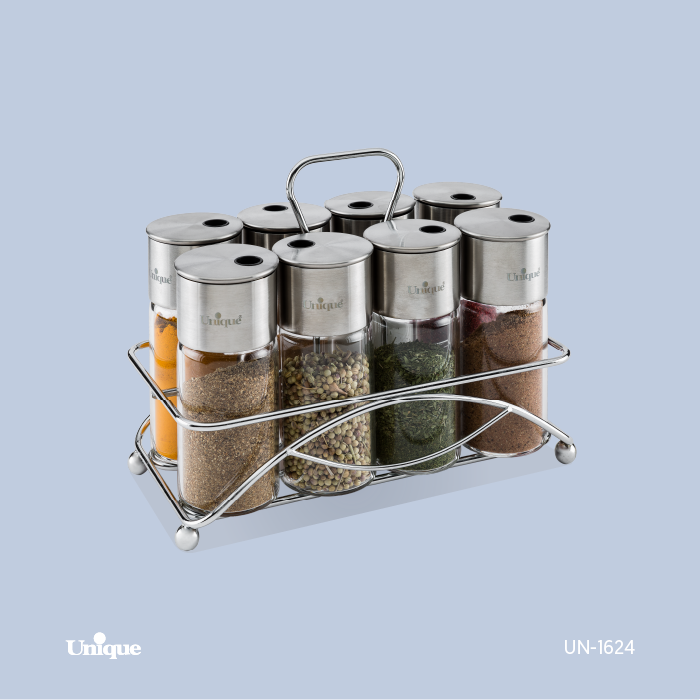 جا ادویه 8 تایی شیشه ای برند یونیک Unique کد UN-1624 جنس شیشه ای پایه فلزی