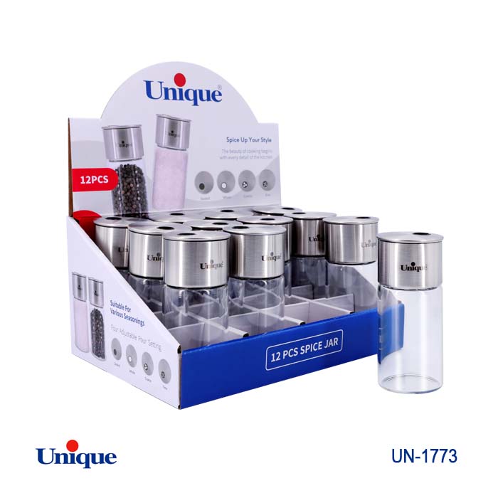 جا ادویه گرد 12 عددی شیشه ای برند یونیک Unique کدUN-1773 سری استیل