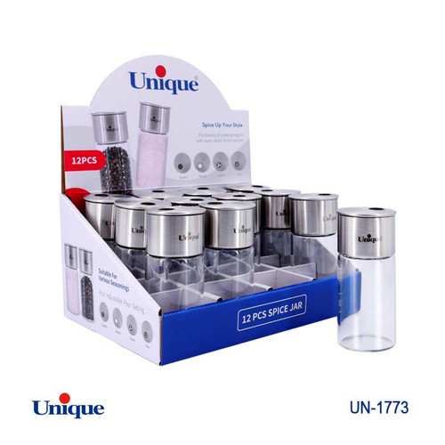 جا ادویه گرد 12 عددی شیشه ای برند یونیک Unique کدUN-1773 سری استیل