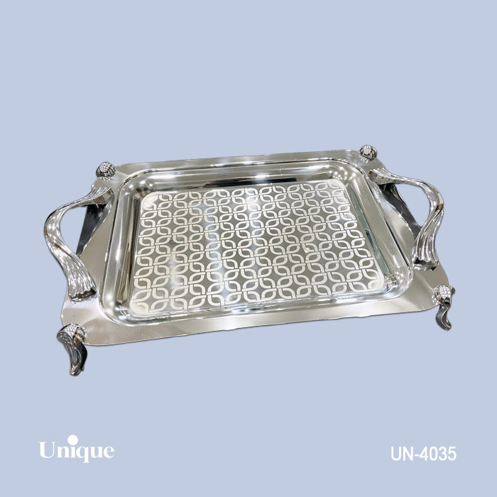 سینی استیل براق سایز کوچک برند یونیک Unique کد UN-4035 مدل پایه دار