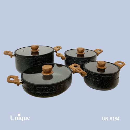 سرویس قابلمه 8 پارچه برند یونیک Unique کد UN-8184 طرح رویال گرانیت مشکی سیلیکون چوبی