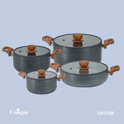 سرویس قابلمه 8 پارچه برند یونیک Unique کدUN-8186 جنس گرانیت طوسی سیلیکون چوبی