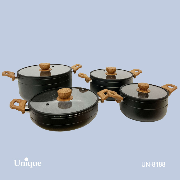 سرویس قابلمه  8 پارچه برند یونیک Unique کد  UN-8188 جنس گرانیتی مشکی سیلیکون چوبی