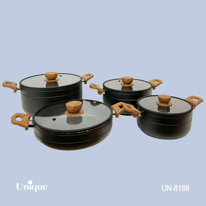 سرویس قابلمه 8 پارچه برند یونیک Unique کد UN-8188 جنس گرانیتی مشکی سیلیکون چوبی