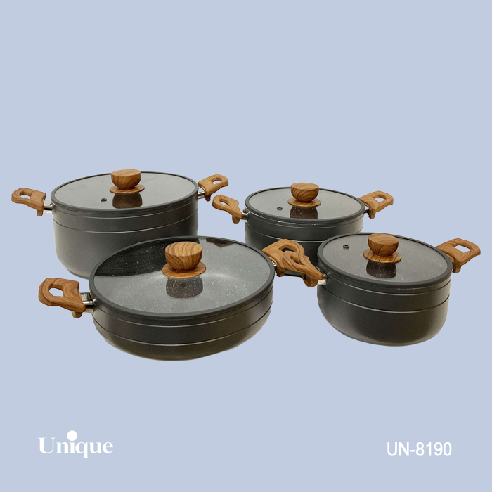 سرویس قابلمه 8 پارچه برند یونیک Unique کد UN-8190 جنس گرانیتی طوسی سیلیکون چوبی