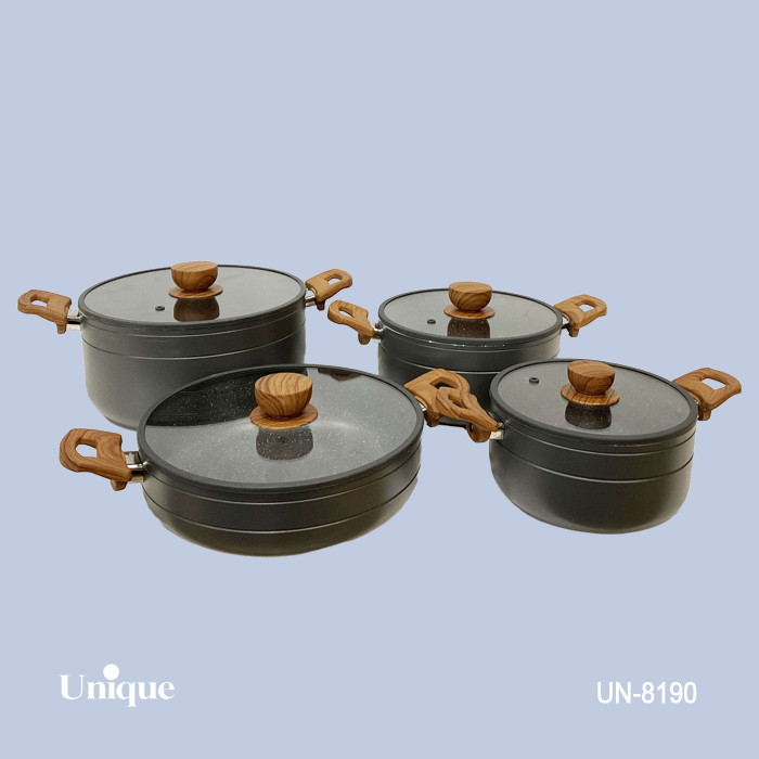 سرویس قابلمه 8 پارچه برند یونیک Unique کد UN-8190 جنس گرانیتی طوسی سیلیکون چوبی