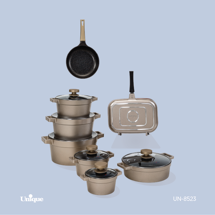 سرویس قابلمه 15 مشکی برند یونیک Unique کد UN-8523 مدل دیاموند رنگ بژ جنس گرانیتی