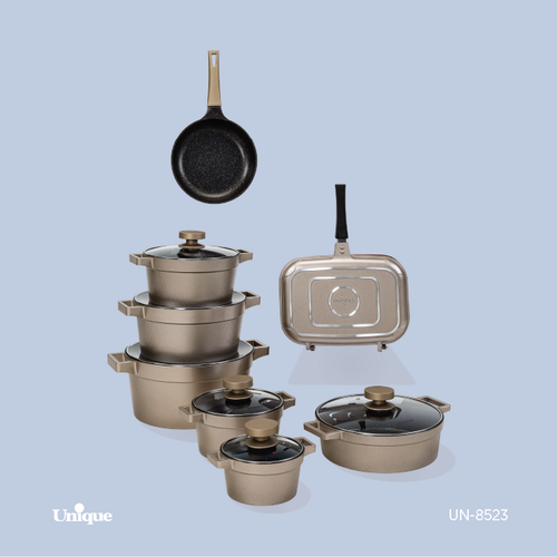 سرویس قابلمه 15 مشکی برند یونیک Unique کد UN-8523 مدل دیاموند رنگ بژ جنس گرانیتی