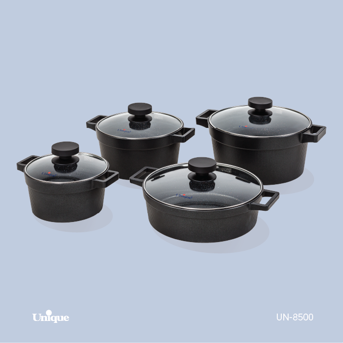 سرویس قابلمه 8 پارچه برند یونیک Unique کد UN-8500 مدل دیاموند رنگ مشکی گرانیتی
