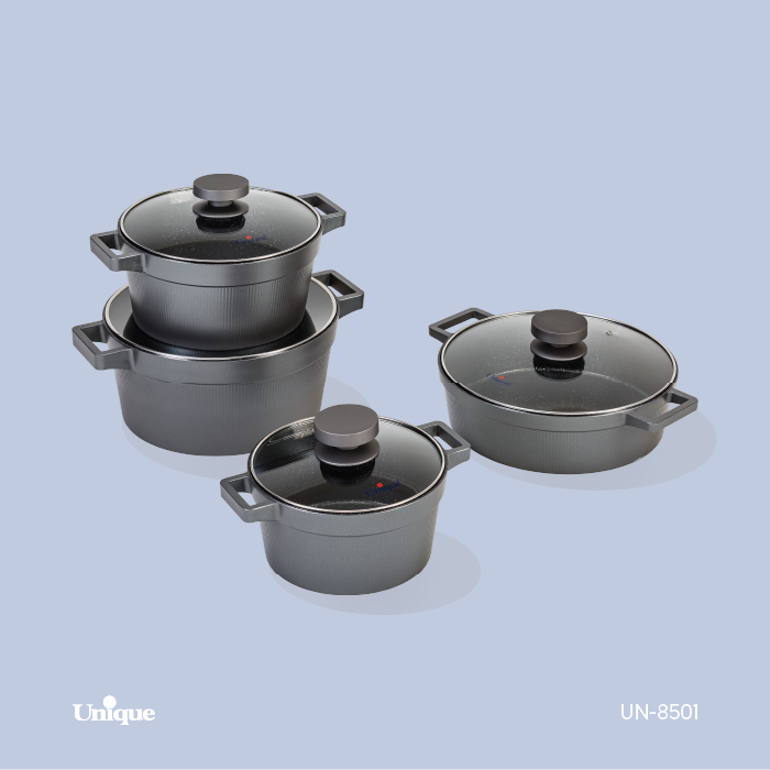 سرویس قابلمه 8 پارچه  برند یونیک Unique کد UN-8501 مدل دیاموند رنگ طوسی گرانیتی