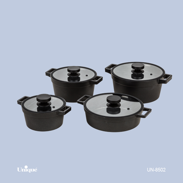 سرویس قابلمه 8 پارچه  برند یونیک Unique کد UN-8502 مدل دیاموند سیلیکونی رنگ مشکی گرانیتی