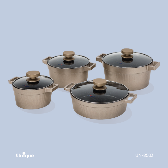 سرویس قابلمه 8 پارچه برند یونیک Unique کد UN-8503 مدل دیاموند رنگ بژ گرانیتی