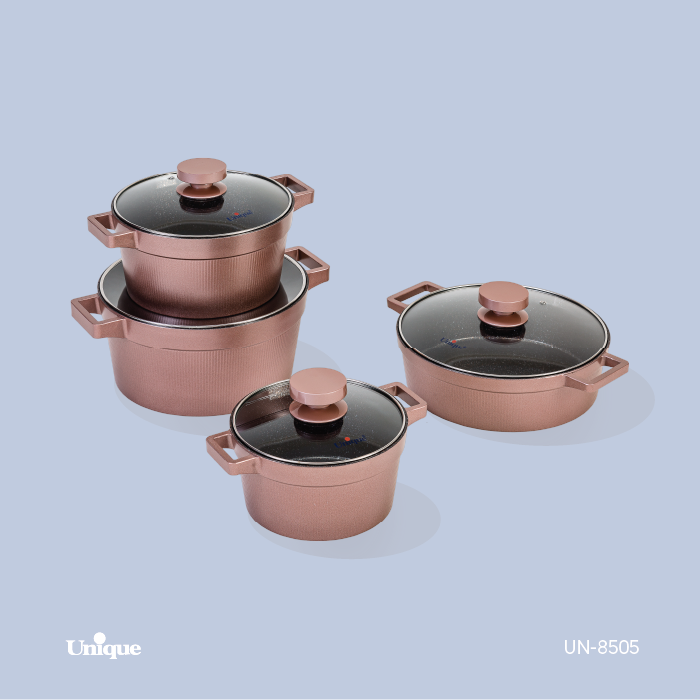 سرویس قابلمه 8 پارچه برند یونیک Unique کد UN-8505 مدل دیاموند رنگ رز گلد گرانیتی