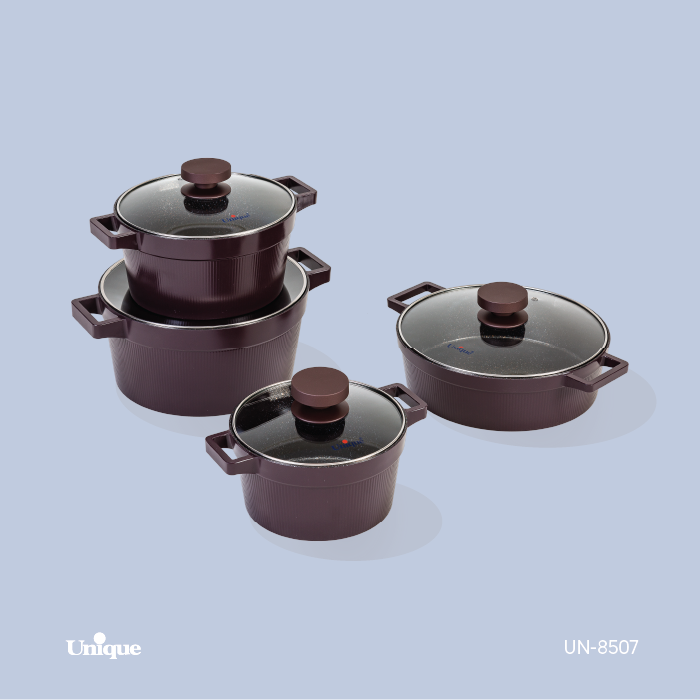 سرویس قابلمه 8 پارچه برند یونیک Unique کد UN-8507 مدل دیاموند رنگ زرشکی گرانیتی