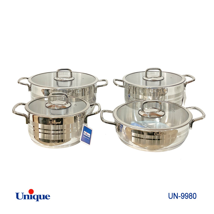 سرویس قابلمه 8 پارچه استیل برند یونیک Unique کد UN-9980 جنس استیل درب فلت