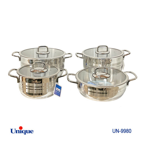 سرویس قابلمه 8 پارچه استیل برند یونیک Unique کد UN-9980 جنس استیل درب فلت
