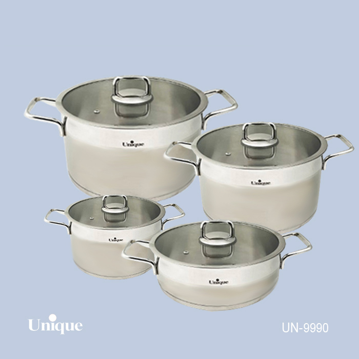 سرویس قابلمه 8 پارچه استیل برند یونیک Unique کد UN-9990 جنس استیل درب فلت