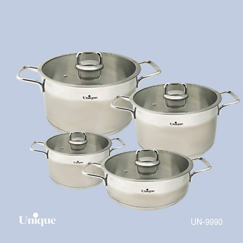 سرویس قابلمه 8 پارچه استیل برند یونیک Unique کد UN-9990 جنس استیل درب فلت