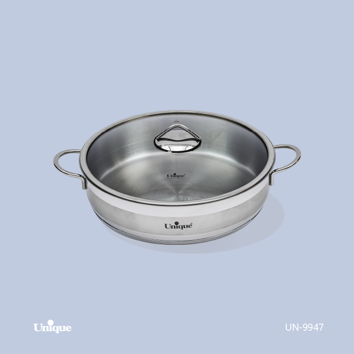 تابه تک استیل سایز 32 برند یونیک Unique کد UN-9947 درب دار کفی چدنی
