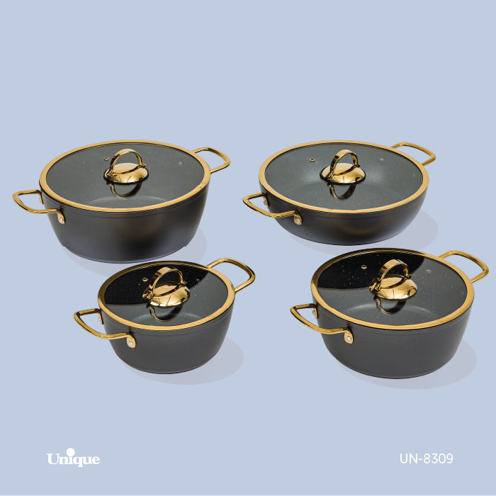 سرویس قابلمه 8 پارچه برند یونیک Unique کد UN-8309 بدنه طوسی درب فلت طلایی