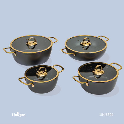 سرویس قابلمه 8 پارچه برند یونیک Unique کد UN-8309 بدنه طوسی درب فلت طلایی
