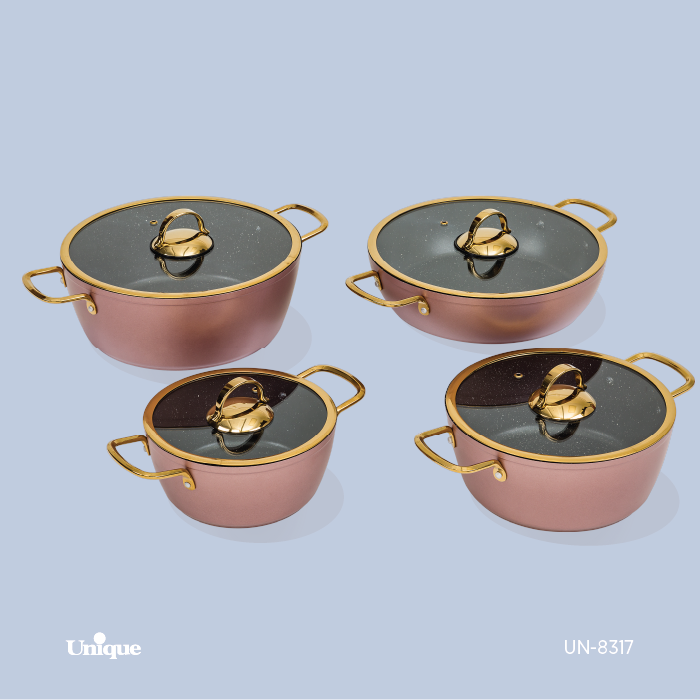 سرویس قابلمه 8 پارچه برند یونیک Unique کد UN-8317 بدنه رزگلد درب تخت طلایی
