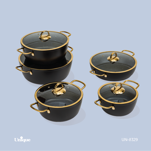 سرویس قابلمه 10 پارچه برند یونیک Unique کد UN-8329 بدنه مشکی درب منحنی طلایی