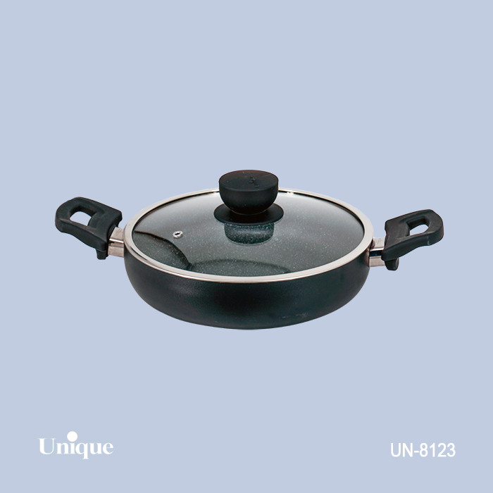 تابه تک سایز 24 برند یونیک Unique کد UN-8123 گرانیتی رنگ مشکی دسته دوتایی باکالیتی