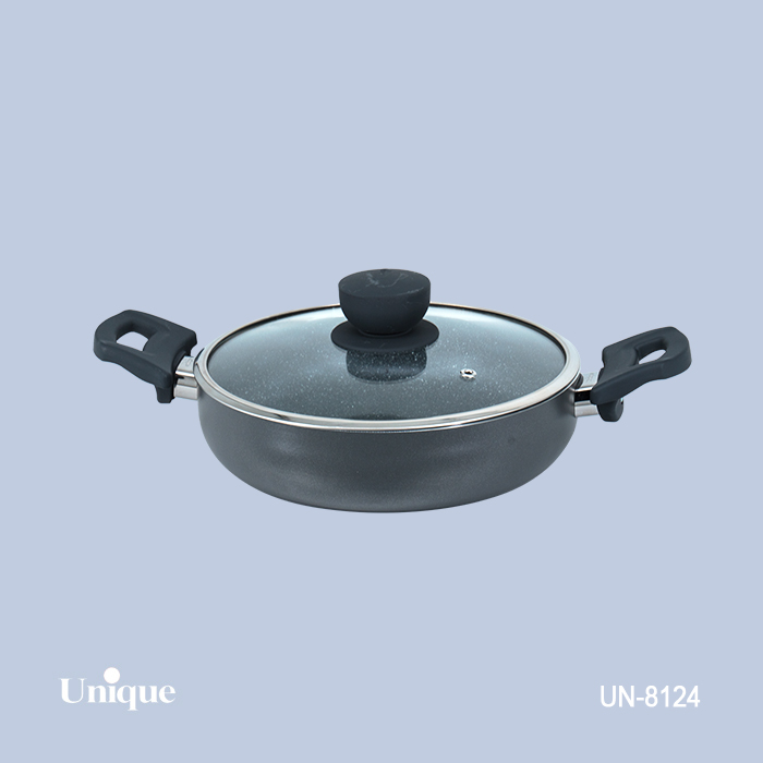 تابه تک سایز 24 برند یونیک Unique کد UN-8124گرانیتی رنگ طوسی تیره دسته دوتایی باکالیتی
