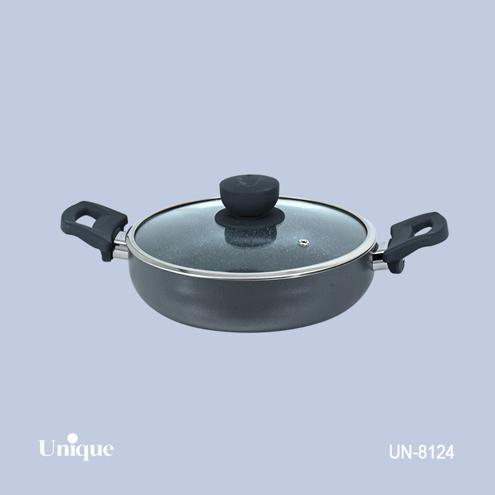 تابه تک سایز 24 برند یونیک Unique کد UN-8124گرانیتی رنگ طوسی تیره دسته دوتایی باکالیتی