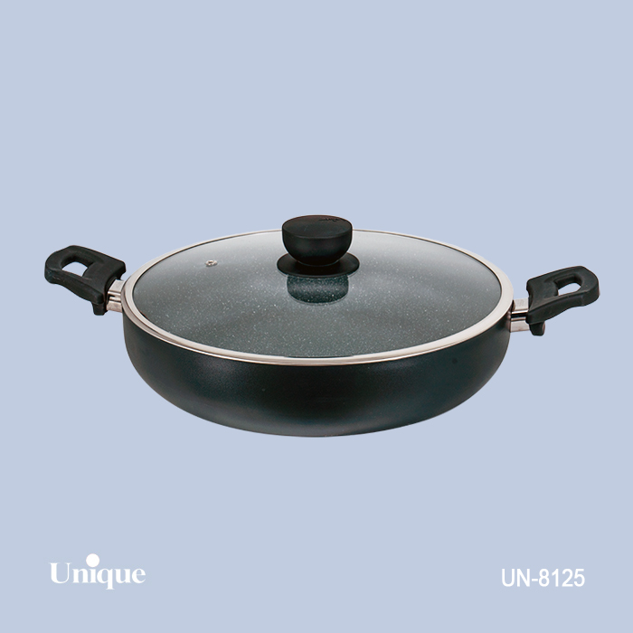تابه تک سایز 28 برند یونیک Unique کد UN-8125 گرانیتی رنگ مشکی دسته دوتایی باکالیتی