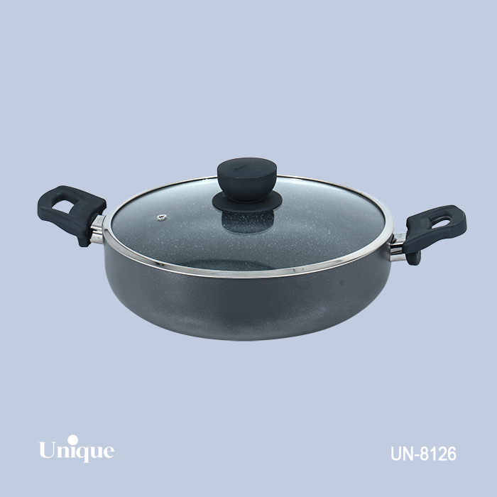 تابه تک سایز 28 برند یونیک Unique کد UN-8126 گرانیتی رنگ طوسی تیره دسته دوتایی باکالیتی
