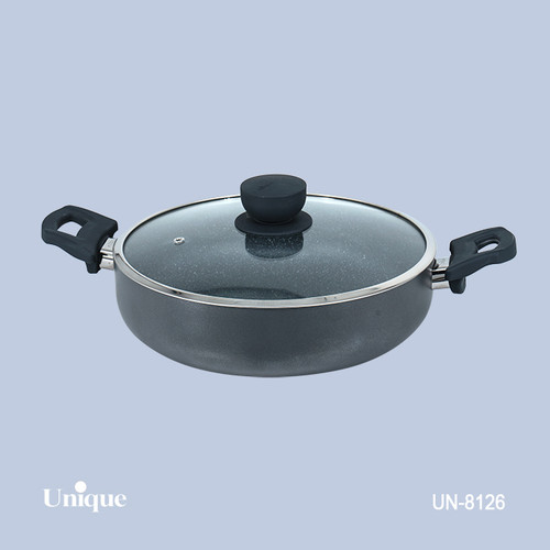 تابه تک سایز 28 برند یونیک Unique کد UN-8126 گرانیتی رنگ طوسی تیره دسته دوتایی باکالیتی
