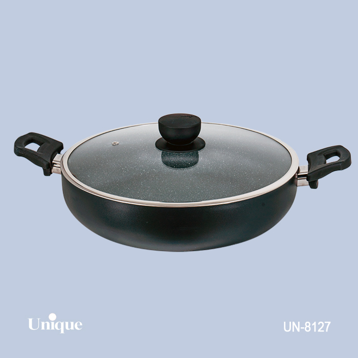 تابه تک سایز 32 برند یونیک Unique کد UN-8127 گرانیتی رنگ مشکی دسته دوتایی باکالیتی