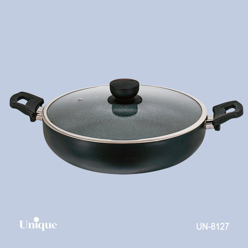 تابه تک سایز 32 برند یونیک Unique کد UN-8127 گرانیتی رنگ مشکی دسته دوتایی باکالیتی