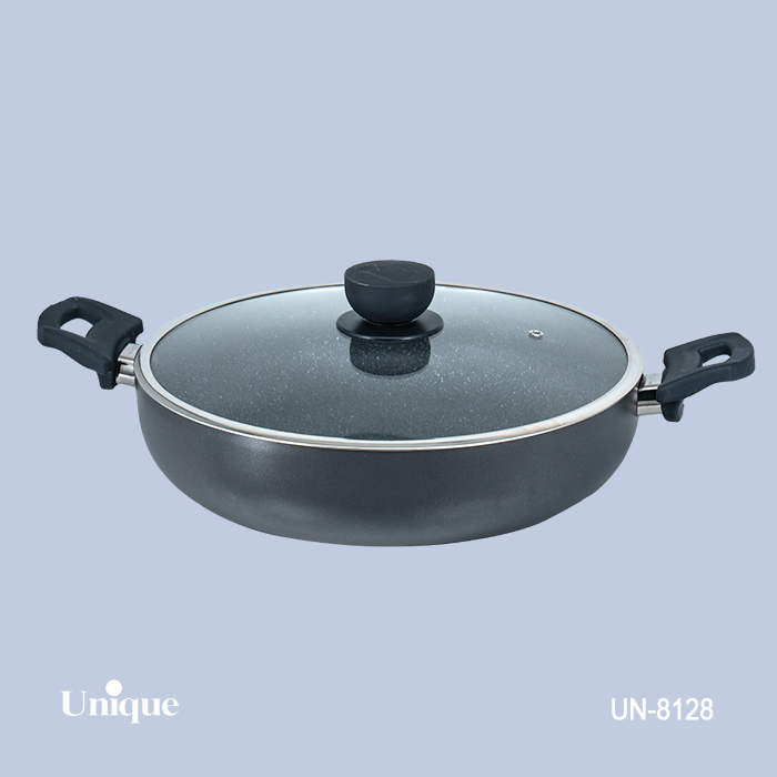 تابه تک سایز 32 برند یونیک Unique کد UN-8128 گرانیتی رنگ طوسی تیره دسته دوتایی باکالیتی