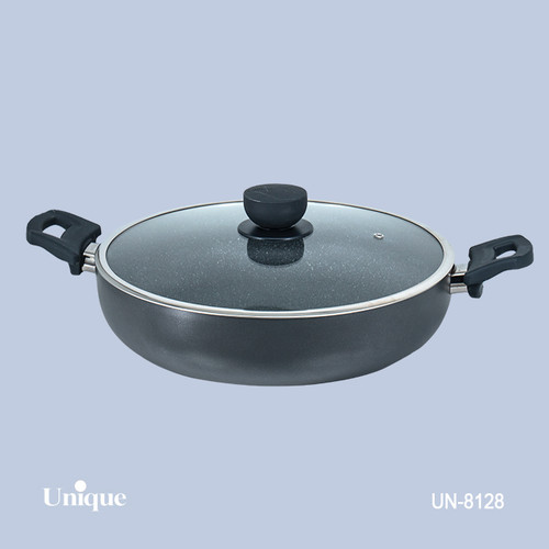 تابه تک سایز 32 برند یونیک Unique کد UN-8128 گرانیتی رنگ طوسی تیره دسته دوتایی باکالیتی
