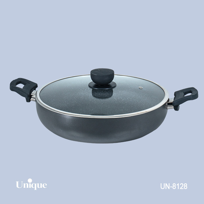 تابه تک سایز 32 برند یونیک Unique کد UN-8128 گرانیتی رنگ طوسی تیره دسته دوتایی باکالیتی