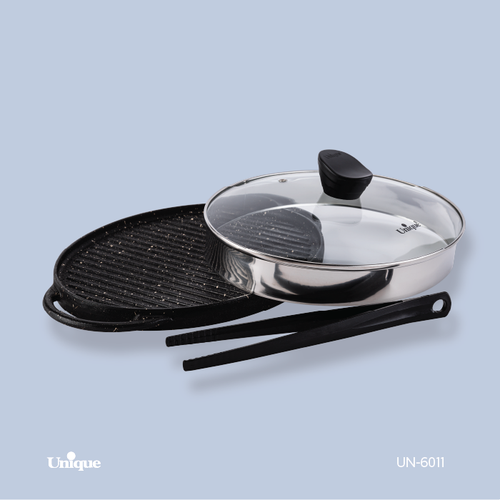 تابه گریل بیضی شکل برند یونیک Unique کد UN-6011 جنس چدنی گرانیتی بدون چوب