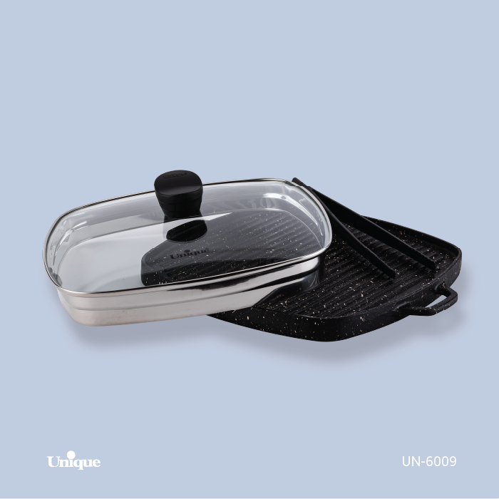 تابه گریل شکل مربع بزرگ برند یونیک Unique کد UN-6009 جنس چدنی گرانیتی بدون چوب