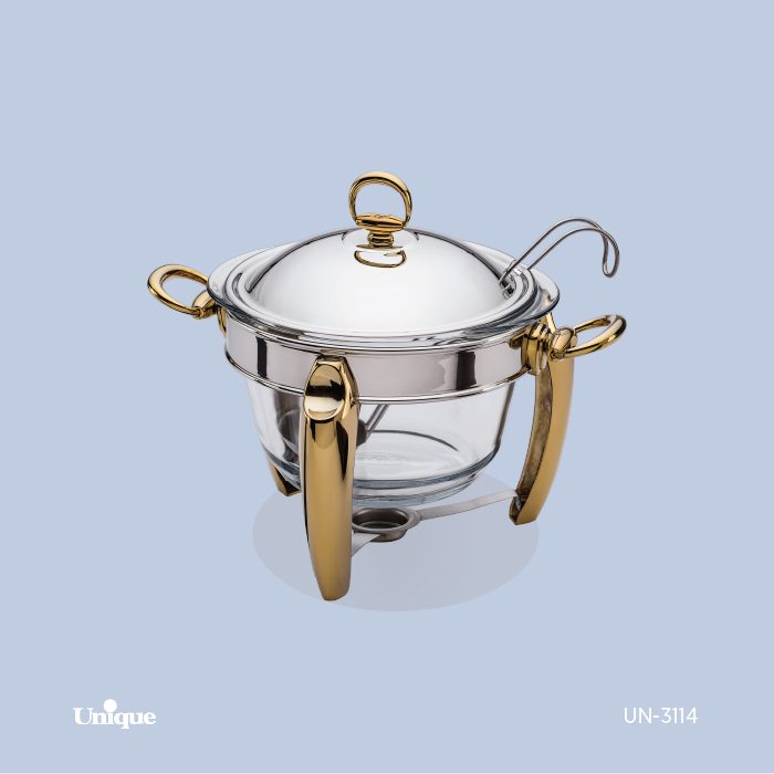 سوفله سوپ خوری برند یونیک Unique کد UN-3114 مدل پافیلی طلایی با ملاقه