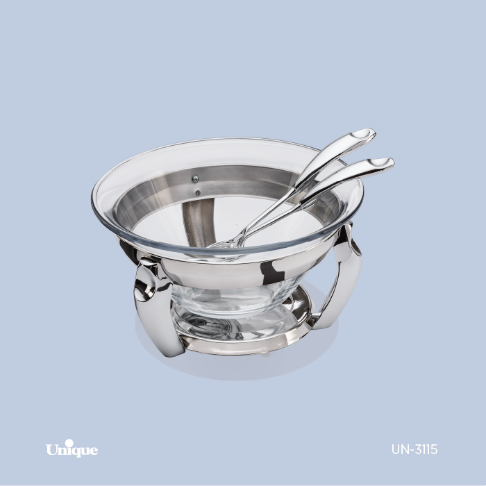 سوفله سالاد خوری برند یونیک Unique کد UN-3115 مدل پافیلی کروم با انبر