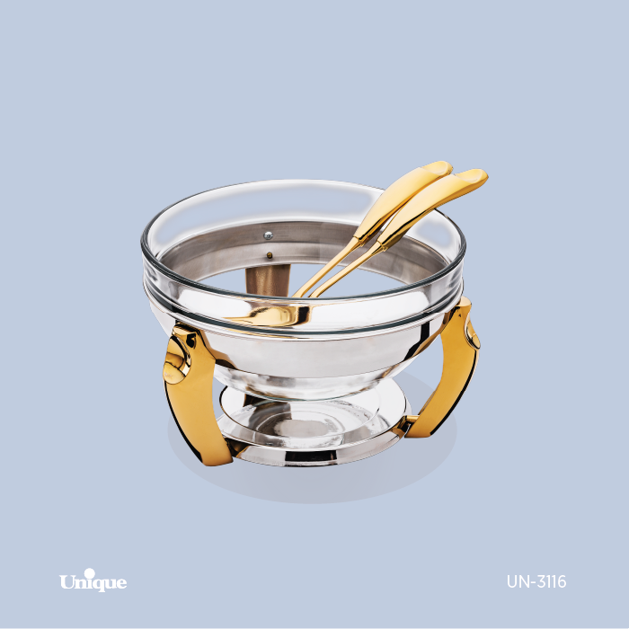 سوفله سالاد خوری برند یونیک Unique کد UN-3116 مدل پافیلی طلایی با انبر